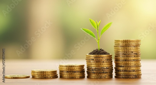 Golden coins stacked in increasing height with a vibrant green sprout emerging from the top, symbolizing financial growth and investment success in a bright, natural setting