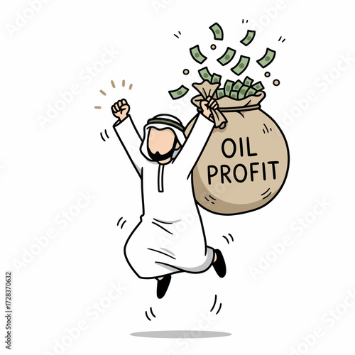 Cartoon of an arab man jumping in the air holding a bag labeled "Oil Profit" with money flying out.