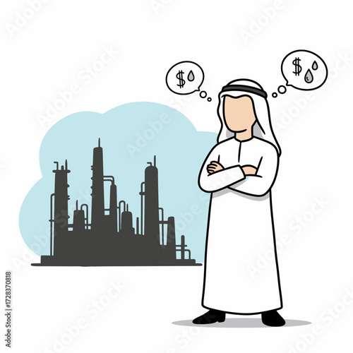 Man in traditional Arabic clothing contemplating industrial landscape with dollar signs.