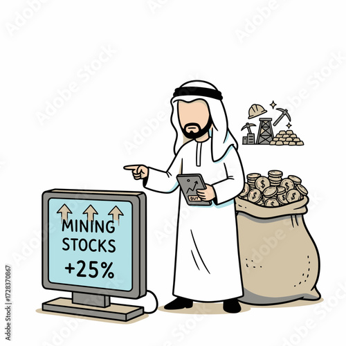 An Arab businessman points to a sign indicating rising mining stock prices, with a bag of money.