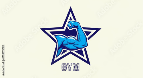 A vector illustration of a gym and fitness club logo, featuring a powerful flexed bicep inside a star emblem, symbolizing strength and bodybuilding motivation for athletic training