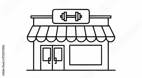 Modern outline illustration of a fitness gym storefront building featuring a prominent dumbbell icon on the sign, representing health, wellness, and exercise activities for a vibrant lifestyle