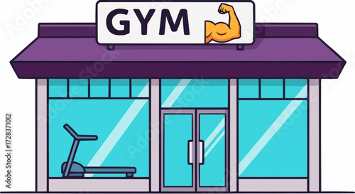 Illustration of a Gym Building with a Treadmill Inside and the Word "GYM" on a Sign Above the Entrance, Suggesting Fitness and Exercise Activities