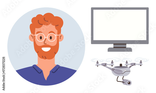 Smiling man with red hair and glasses, advanced quadcopter with attached camera, and computer monitor. Ideal for technology, remote work, innovation, creativity, media production, surveillance modern
