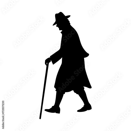 Old man walking with stick silhouette