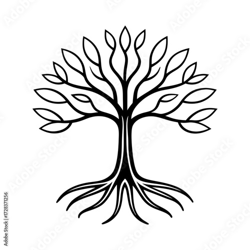 Tree with roots and branches continuous line art