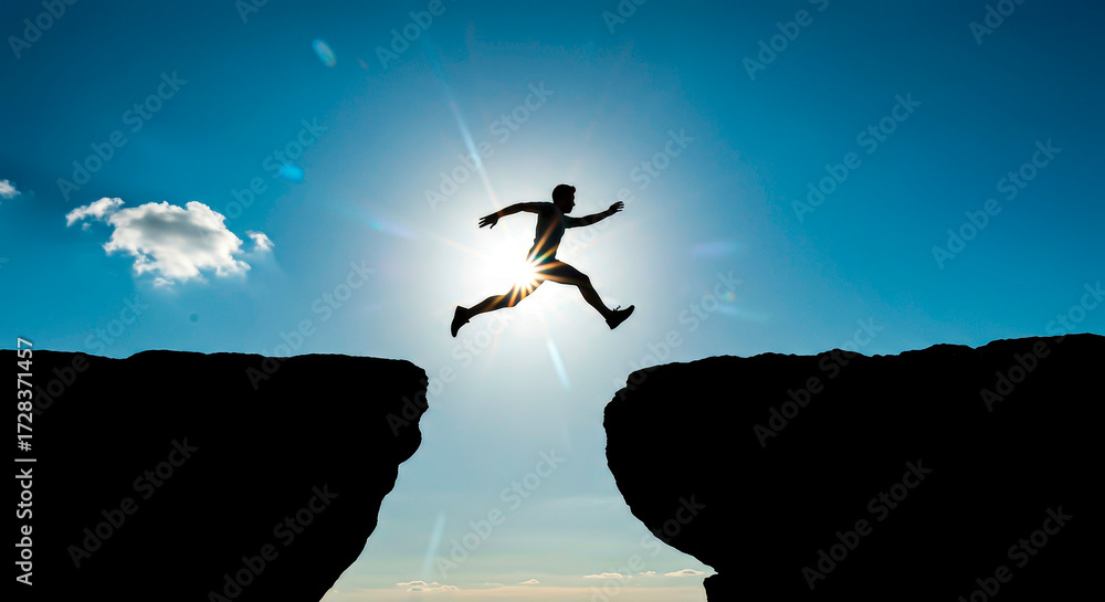 Naklejka premium Between Fear and Opportunity: The Decisive Moment. A Leap of Faith: Across the Chasm to the Goal