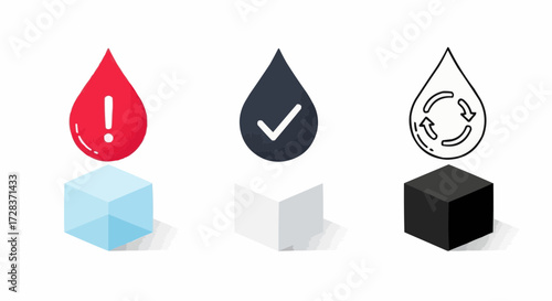 Blood drop, check mark, and recycle symbol icons. Represents the concepts of urgency, approval, and sustainability