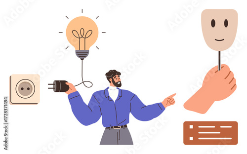 Man holding plug to socket with glowing bulb above, holding a smiling mask in another hand. Ideal for creativity, energy, innovation, identity, personal growth, problem-solving inspiration. Simple