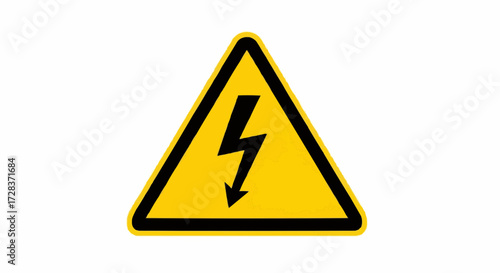 A yellow triangular warning sign with a black lightning bolt, symbolizing high voltage and electrical hazard, isolated on a clean white background. A vector illustration for safety and caution