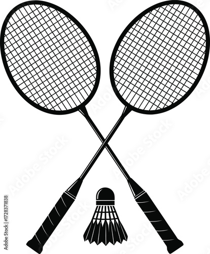 Badminton Rackets and Shuttlecock Silhouette Illustration for Sports Design

