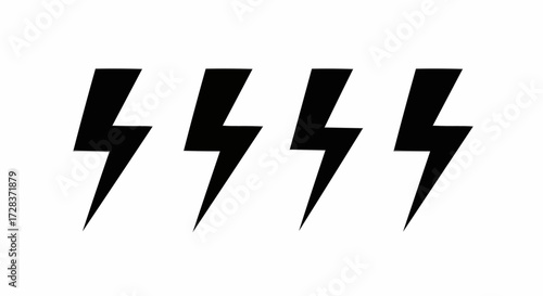 Four bold black lightning bolt symbols presented on a clean white background, powerfully representing electrical energy, dynamic force, speed, and urgent notifications