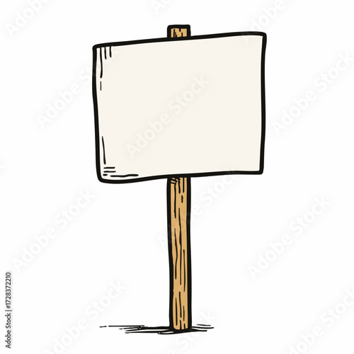 Handdrawn Cartoon Blank Signboard on Wooden Stick for Presentation Message