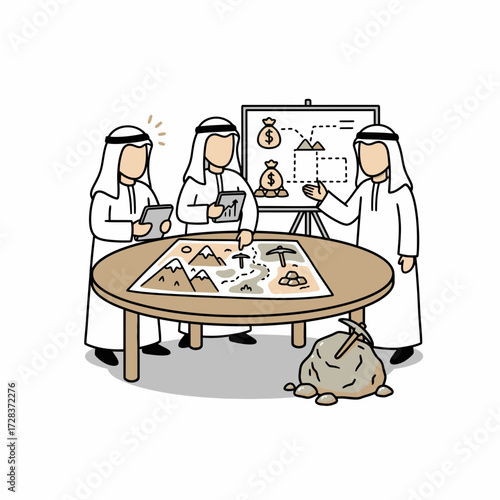 Three men in traditional Arab clothing discuss a map with mountains and resources, with a whiteboard showing a money-making plan.