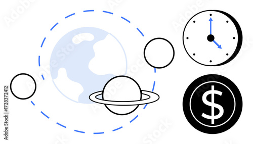 Planet with orbiting satellites, a clock showing time, and financial coin icon. Ideal for global connections, time management, finance, planning, economy, technology and strategy concepts simple