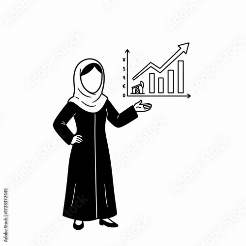 Woman in hijab presenting a graph showing oil industry growth with an upward trending arrow.