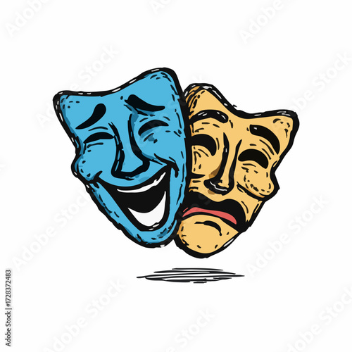 Cartoon Style Theater Mask Illustrative Icon with Happy and Sad Faces