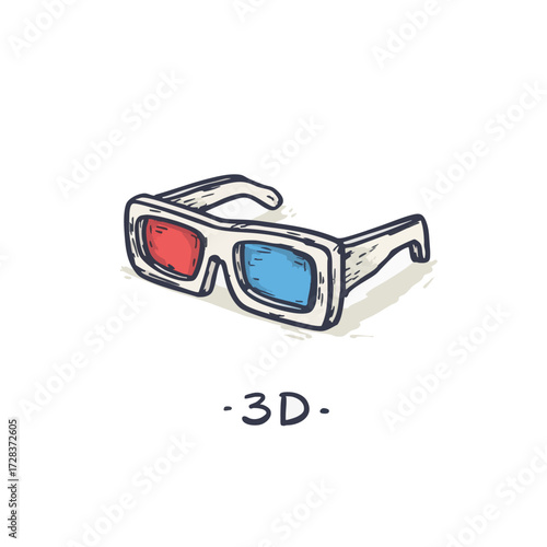 Outline Handdrawn 3D Glasses with Red and Blue Lens Illustration Graphic
