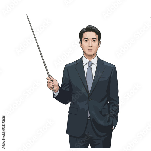 Confident young man in a suit pointing with a stick, presenting a concept or idea with a professional demeanor