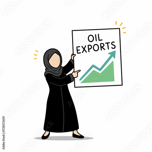 An illustration of a woman in traditional attire presenting a chart showing oil export growth.