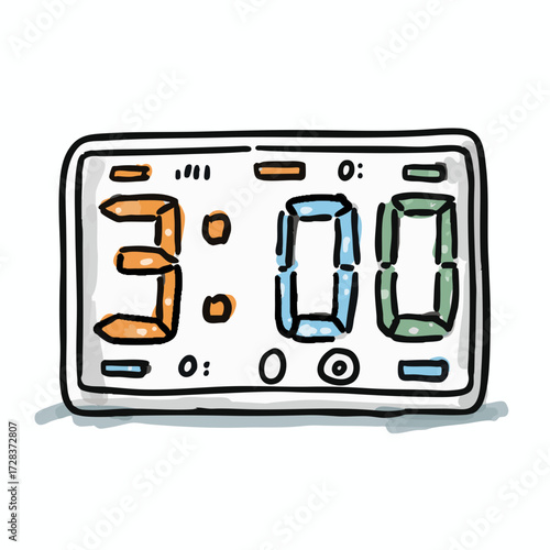 Hand Drawn Sketchy Digital Alarm Clock Displaying Three O'Clock Illustration
