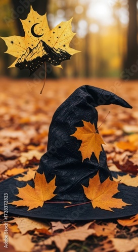 A witch's hat rests among autumn leaves, with a leaf art design.