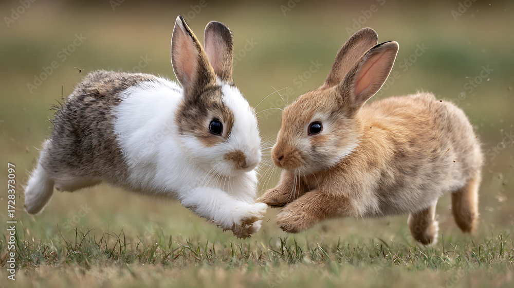 Fototapeta premium A rabbit jumping over another rabbit in play (1)