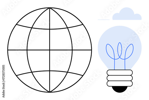 Globe with grid lines beside a lightbulb featuring plant-thumbs up filaments and overhead cloud. Ideal for sustainability, innovation, global ideas, eco-consciousness, connectivity, energy