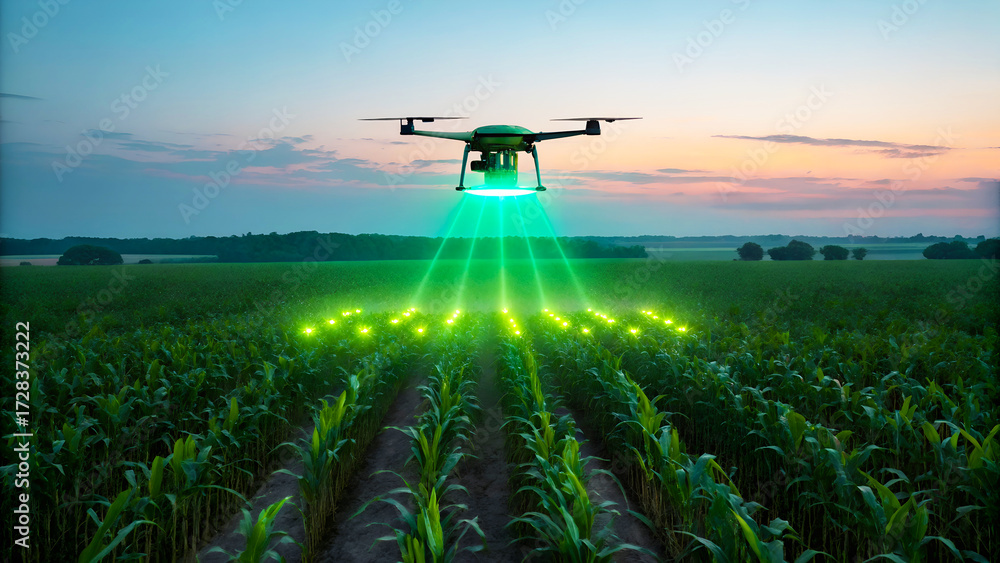Fototapeta premium Agricultural drone spraying crops with green light at sunset over a field