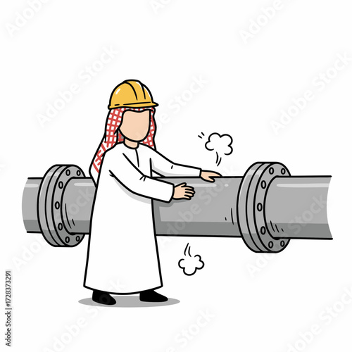 An illustrated engineer in traditional attire inspecting a leaking industrial pipe.