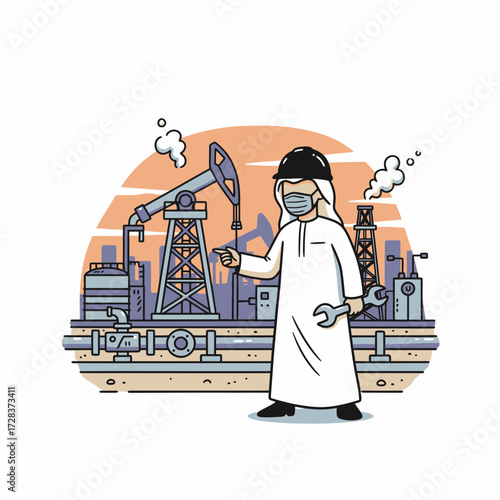 An illustration depicting an Arab engineer in a protective mask, pointing at oil refinery equipment.