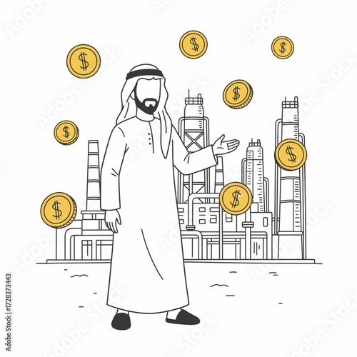 Arab man presenting an industrial landscape with floating coins, symbolizing wealth and prosperity.