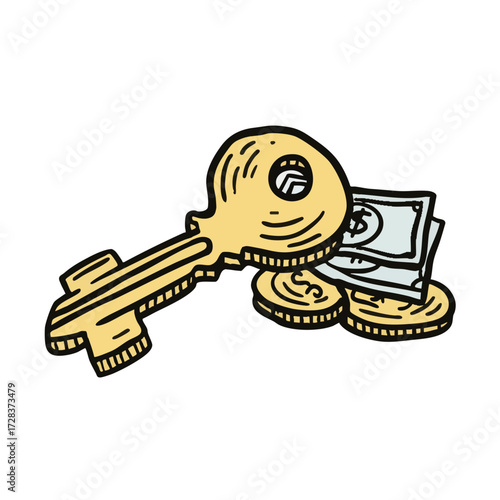 Whimsical Handdrawn Key Money Symbol with Coins and Banknotes Illustration