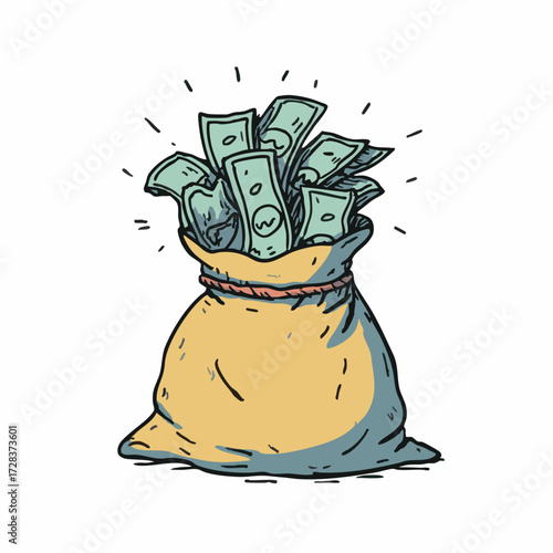 Handdrawn Detailed Money Sack Full of Cash Illustration Graphic Element