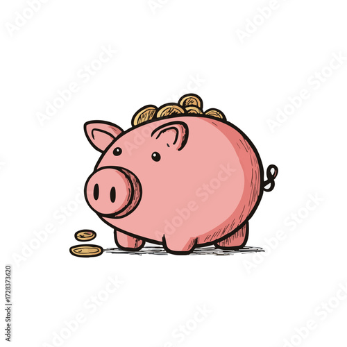 Cartoon Handdrawn Piggy Bank with Coins Illustration Graphic Element