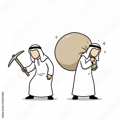 Two cartoon men in traditional Arab clothing. One is holding a pickaxe, the other carries a large sack on his back.