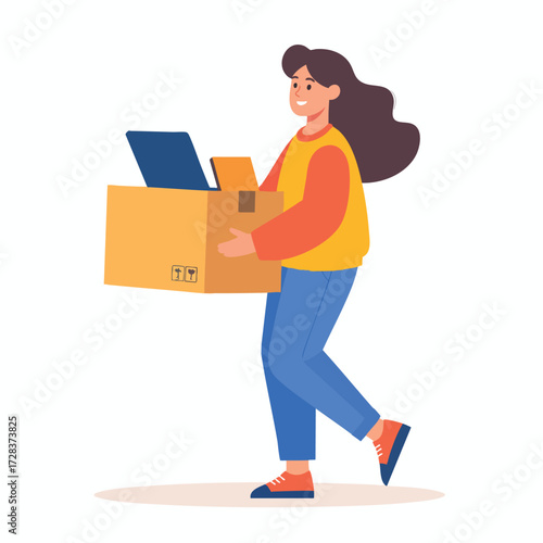 Smiling woman carrying a cardboard box containing a laptop, walking with purpose.
