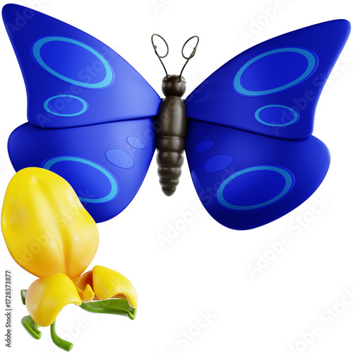A vibrant blue butterfly with intricate patterns on its wings hovers near a delicate yellow flower, showcasing a beautiful moment in nature's artistry