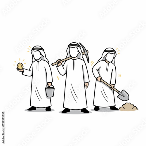 Three men in traditional Arab clothing are depicted mining gold with a shovel, pickaxe, and bucket.