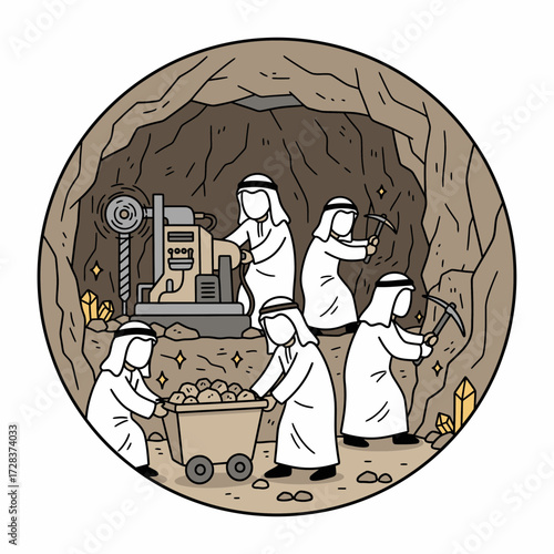 Illustration shows miners in a cave extracting resources using tools and equipment.