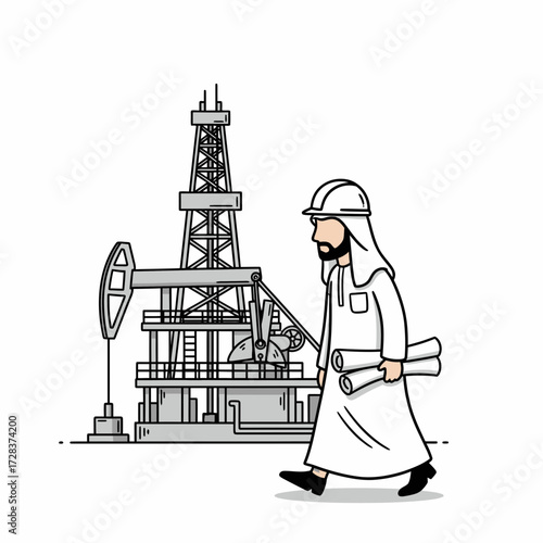 An Arab engineer walks past an oil rig, holding blueprints.