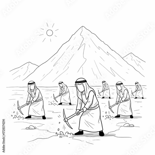 Group of people in traditional robes working together in a desert landscape.