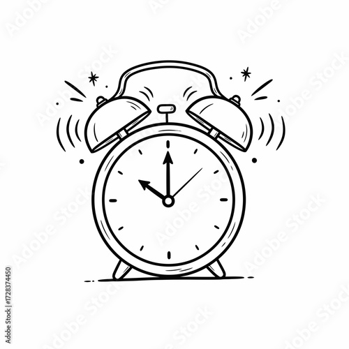 A detailed black and white illustration of a ringing alarm clock, showing the time.