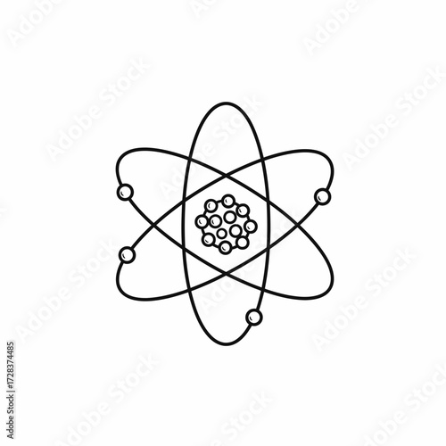 Black and white drawing of an atom with electrons orbiting a nucleus.