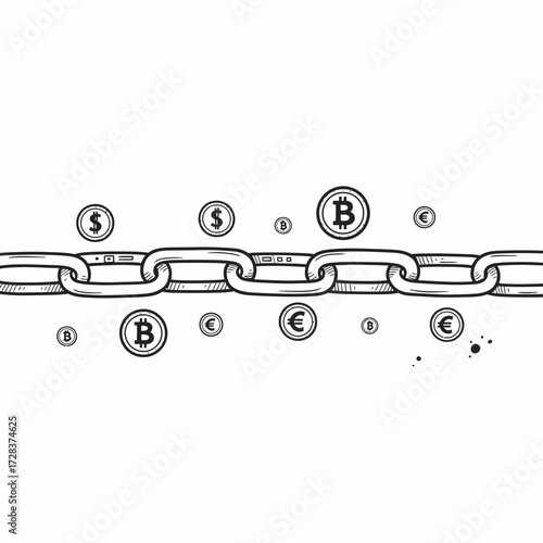 A black and white illustration depicting a chain with currency symbols and Bitcoin coins.