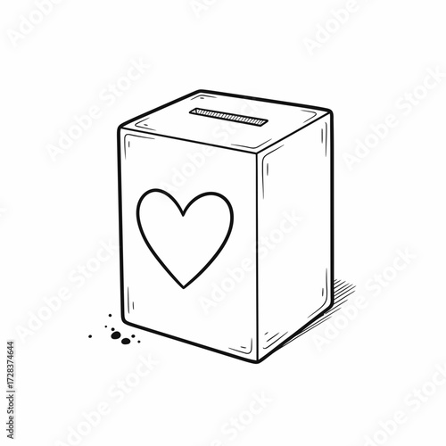 Illustration of a donation box with a heart symbol, featuring a slot on top and a simple, hand-drawn style.