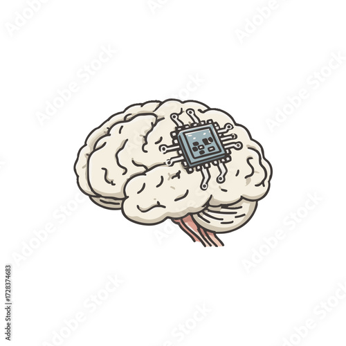 Detailed Lineart Brain with Microchip Artificial Intelligence Medical Science Illustration