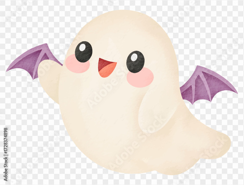 Cute ghost with bat wings kawaii spooky halloween watercolor isolated Vector.