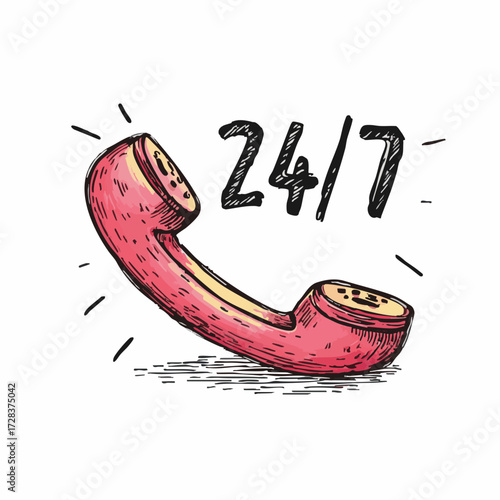 Hand Drawn Isolated Telephone Service 24/7 Illustration On White Background