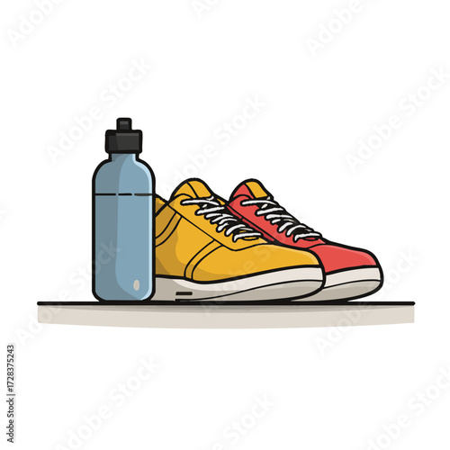 Flat Illustration Pair Running Shoe and Water Bottle Fitness Equipment